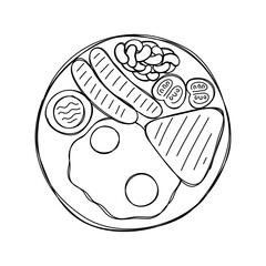 English breakfast with fried eggs, sausages, beans, sauce and tomatoes. Vector hand drawn illustration.