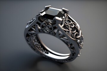 Beautiful Luxury Silver Ring With Black Diamond Stone. Created with Generative AI technology