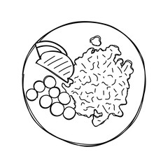 Scrambled, cherry tomatoes and toast. Breakfast concept. Vector hand drawn illustration.