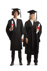 Full length portrait of a caucasian female graduate student and a male african american student holding certificates