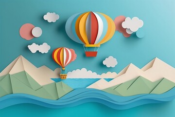 hot air balloon over the sea and mountains, craft paper art or origami style for nursery, kids design