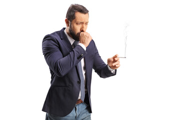 Man coughing and holding a cigarette