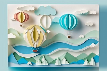 Naklejka premium hot air balloon over the sea and mountains, craft paper art or origami style for nursery, kids design