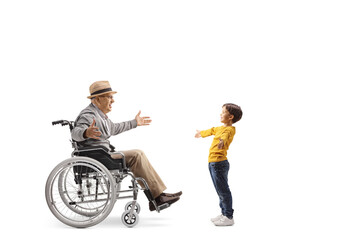 Obraz na płótnie Canvas Elderly man sitting in a wheelchair and waiting to hug his grandson