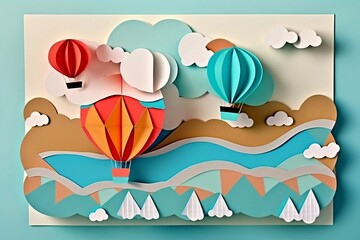 Fototapeta na wymiar hot air balloon over the sea and mountains, craft paper art or origami style for nursery, kids design