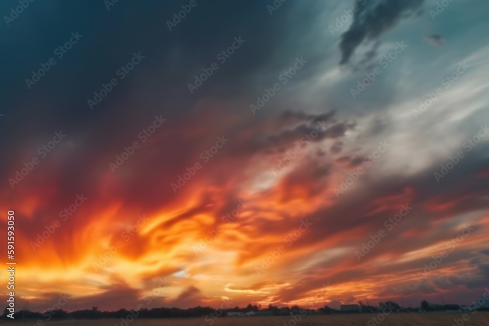 Wall mural the sunset is above a field, in the style of colorful turbulence, dark turquoise and red