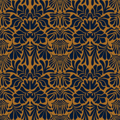 Gold abstract background with tropical palm leaves in Matisse style. Vector seamless pattern.