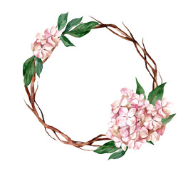 Watercolor frame with pink hydrangea flowers. Hand drawn floral template for greeting cards or wedding invitations in pink colors. Round vintage border on isolated background
