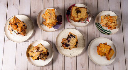 Set of sweet bread, filled with fruits and chocolate