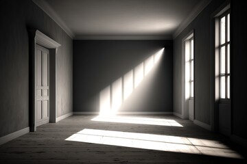 Obraz premium parede vazia e piso de madeira com brilho de luz do sol. Plano de fundo interior para a apresentação.
