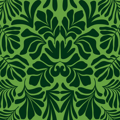 Green abstract background with tropical palm leaves in Matisse style. Vector seamless pattern.
