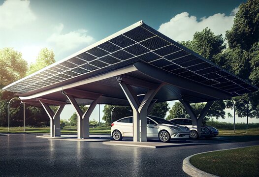 Solar carport for public parking fitted with solar panels for renewable energy. Generative AI