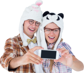 Geeky hipster couple taking selfie with smart phone