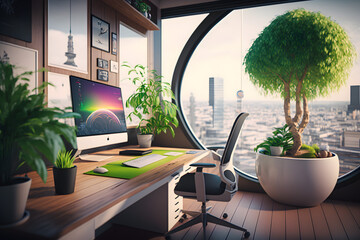 Eco office is a modern business office for work, comfortable conditions with many plants and a pleasant view. Generative AI