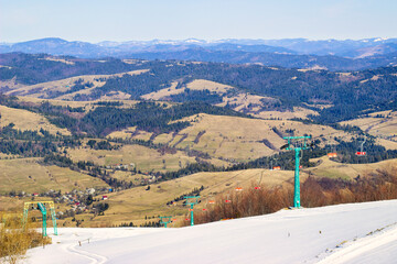 Beautiful view from Mount Gimba to the Ukrainian Carpathians. Polonina Borzhava. Ski chairlift to...