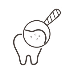 Tooth with plaque and magnifying glass on white background