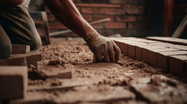 Professional worker using pan knife for building brick walls with cement and mortar