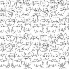 Cute chabby cats Seamless thin line icons background pattern.