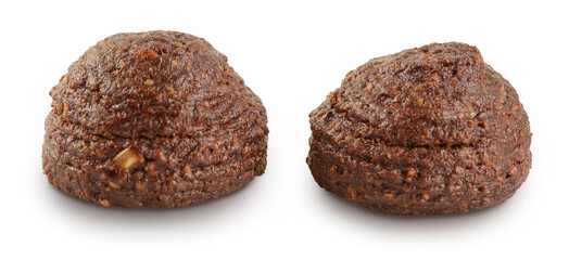 chocolate cookie with kerob, banana, cashew, sunflower seeds and coconut paste isolated on white background. Healthy food, gluten-free, flour-free