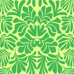 Yellow lime green abstract background with tropical palm leaves in Matisse style. Vector seamless pattern.