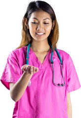 Asian nurse stretching out hand