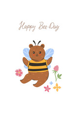 Postcard or poster with a cute bee bear. Vector graphics.