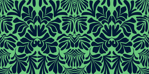Green abstract background with tropical palm leaves in Matisse style. Vector seamless pattern.