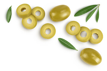 Green olives with leaves isolated on a white background with full depth of field. Top view with copy space for your tex. Flat lay