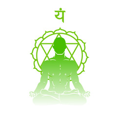 Silhouette of meditating man and symbol of Anahata (heart chakra) on white background