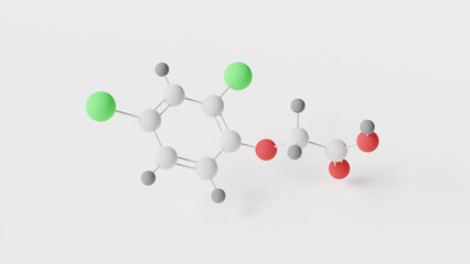 2,4-Dichlorophenoxyacetic acid molecule 3d, molecular structure, ball and stick model, structural chemical formula 2,4-D