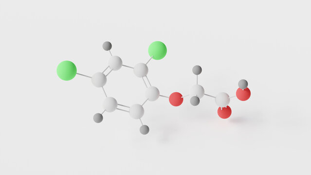 2,4-Dichlorophenoxyacetic acid molecule 3d, molecular structure, ball and stick model, structural chemical formula 2,4-D