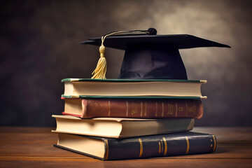 Graduate cap and academic books. Study, education, university, college, graduate concept. Generative AI illustration