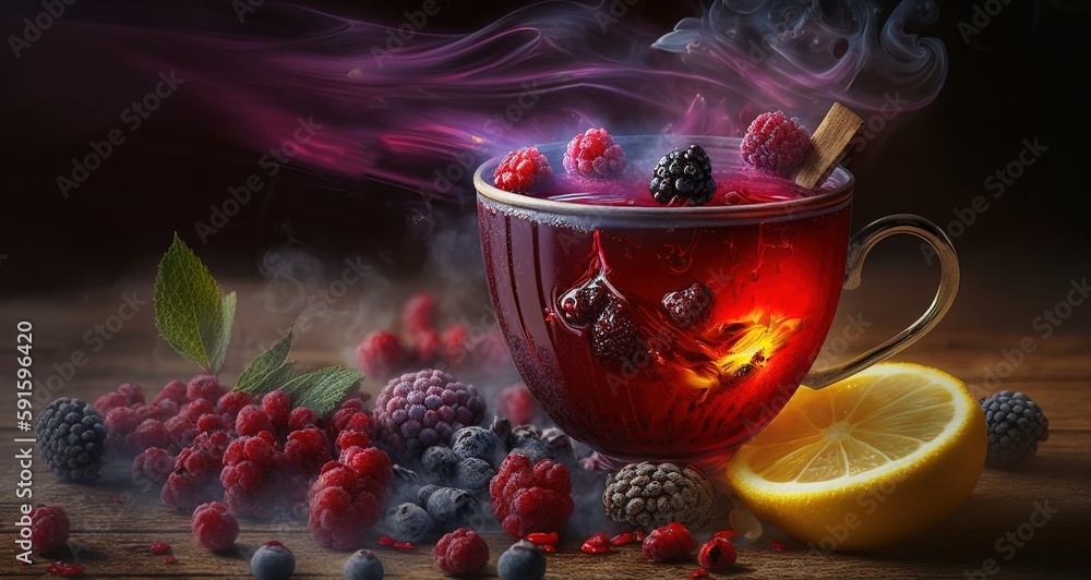 Aufkleber steaming fruit tea with lavender and lemon and raspberry generative ai