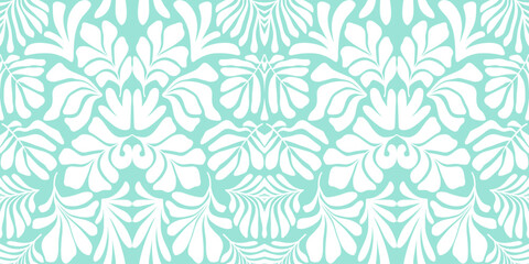 Turquoise white abstract background with tropical palm leaves in Matisse style. Vector seamless pattern.