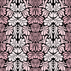 Pink black abstract background with tropical palm leaves in Matisse style. Vector seamless pattern.