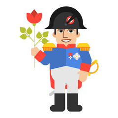 Napoleon Bonaparte holding rose and smiling. Funny character