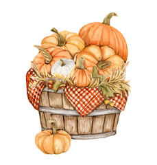 Watercolor composition of an old wooden cart and pumpkins. An old rusty enamel element. Hand-drawn illustration with watercolour on a white background. Perfect for wedding invitation, greetings card.