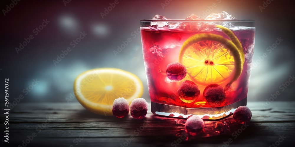 Aufkleber copy space and a high-angle shot of cranberry vodka served with lemon and ice. generative ai