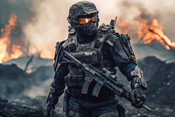 Special forces soldier in action. Military concept. Smoke and fire Generative AI