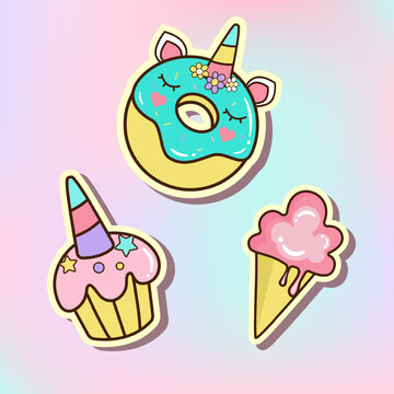 Cute unicorn cake, donut and ice cream. Cartoon vector dessert pictures.