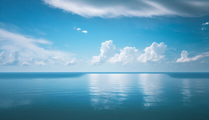 Fototapeta na wymiar Beautiful white clouds on blue sky over calm sea with sunlight reflection, Bali Indonesia. Tranquil sea harmony of calm water surface. Sunny sky and calm blue ocean. Vibrant sea with clouds on horizon