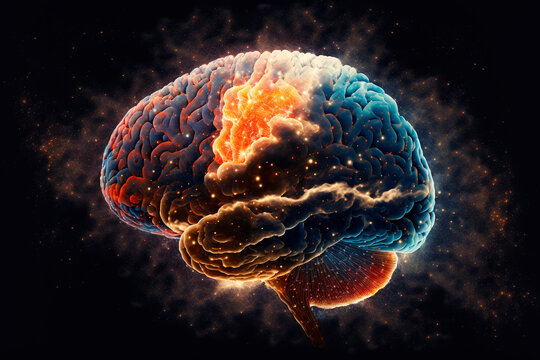 The universe, an infinite expanse of stars and galaxies, takes on the shape of a human brain, reminding us of the power and mystery of the human mind. Generative AI.