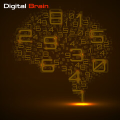 Digital brain with numbers. Artificial intelligence concept. Technology brain. Vector illustration