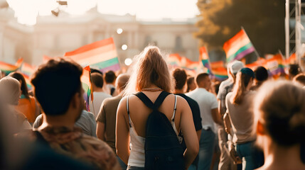 Girl with her back turned at a crowded gay pride day demonstration. Many people with LGTB flags and colors, LGTBQI, Pride day. Generative ai.