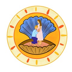 a man and a woman are waiting for a baby in a seashell - illustration on a white background