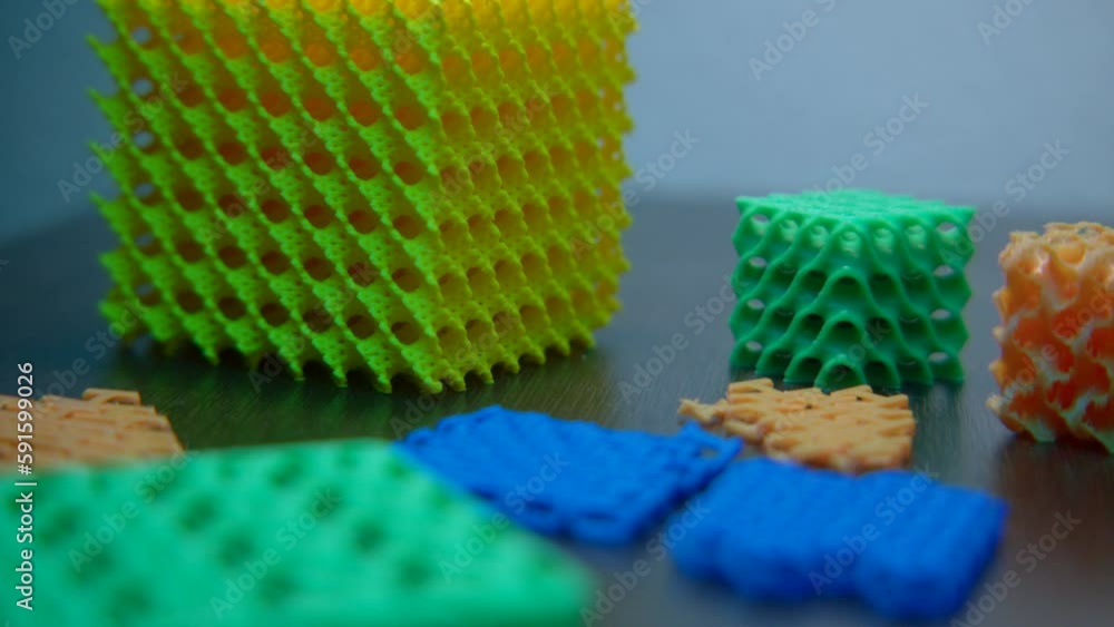 Poster close-up of abstract cubes from constructor. stock footage. abstract toy constructor with geometric 