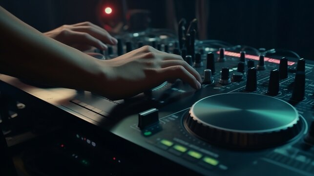 DJ realistic very detailed Hands with veins from lifting weight on steroids creating and regulating music on dj console mixer with less knobs in concert outdoor  hazy created using generative ai