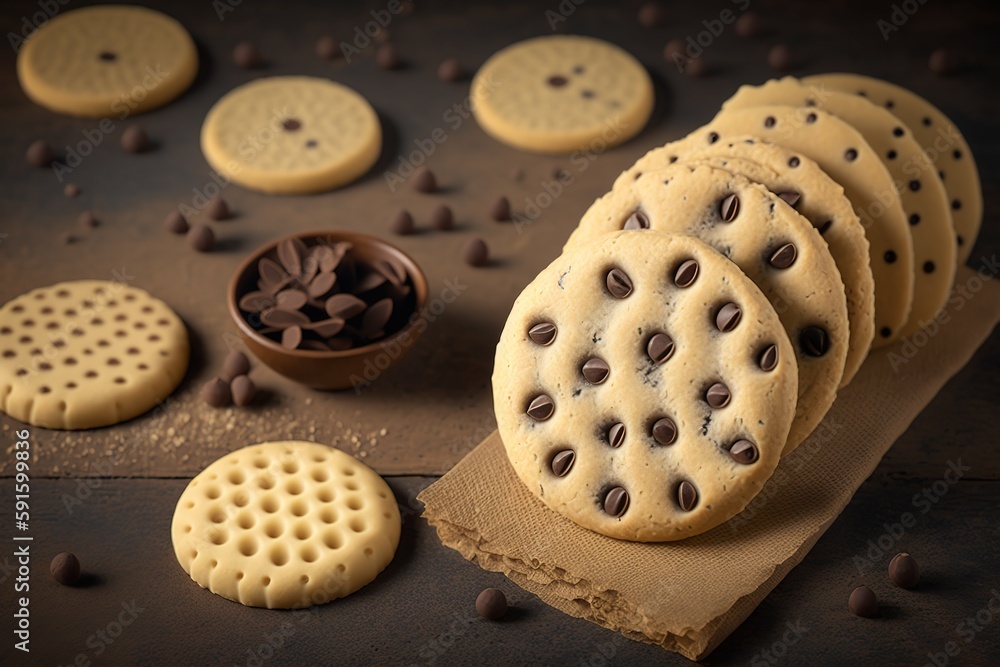 Poster wheat flour cookies with chocolate chips hidden inside the shortbread dough, folded into odd shapes.