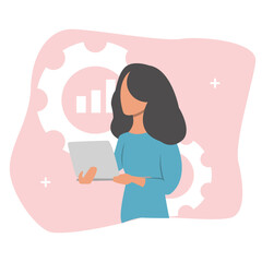 Woman works hard on a laptop. Productivity concept