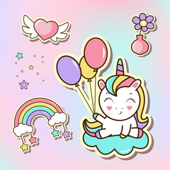 Set of cute stickers, unicorn with colorfull balloons, flower, rainbow, stars and heart. Cartoon vector illustration.